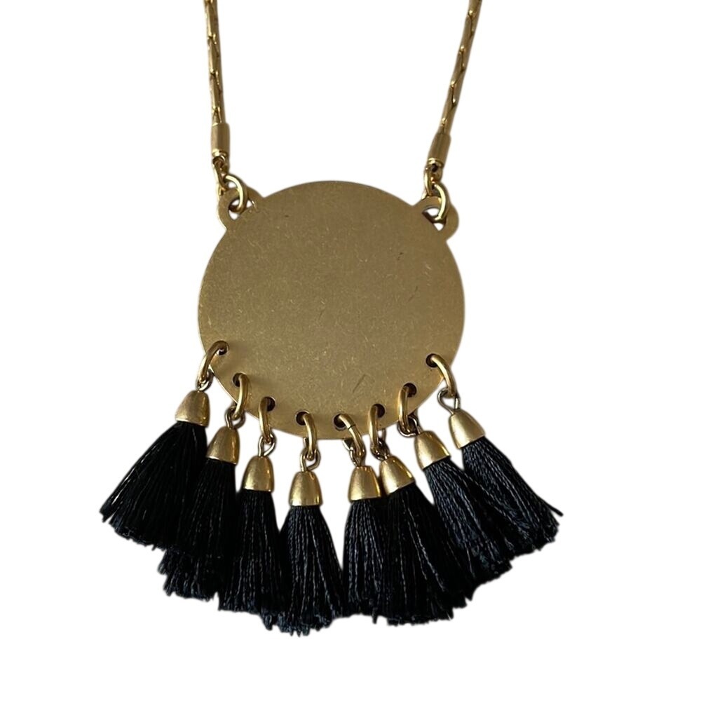 Madewell Gold Tone Round Pendant Necklace Black Tassel Fringe‎ Boho Statement
